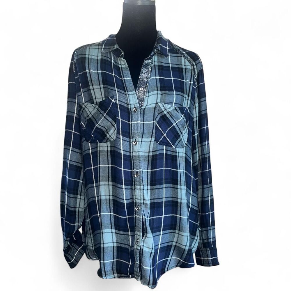 Rock & Republic Women's Blue Navy Glitter Flannel SZ L Flaw
